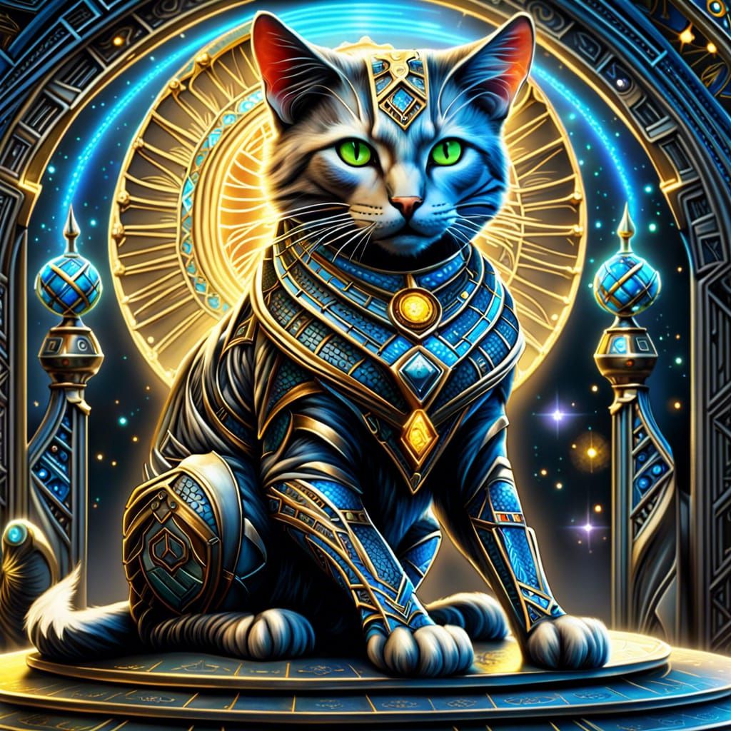 Cosmic Tarot Robot Cat in Digital Art Style