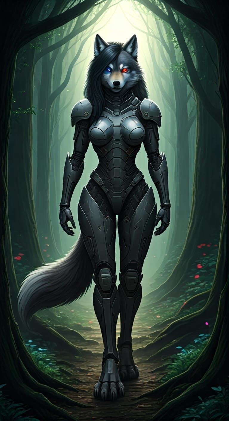 Wolf Anthro in Power Armor, Sci-Fi Forest