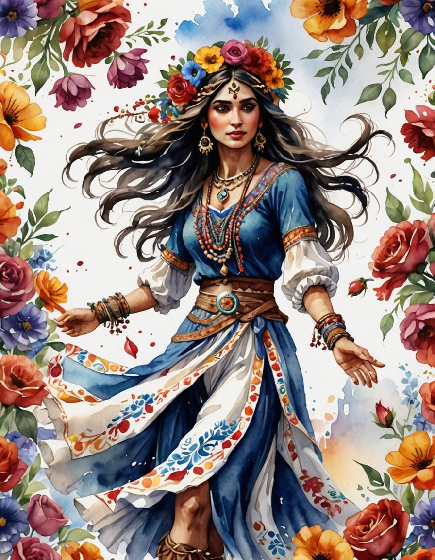 Dancing Gypsy with Flowers: Watercolor Art