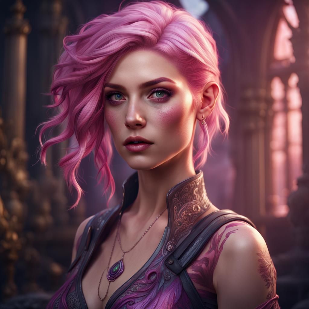 Pink-Haired Woman with Violet Eyes, Detailed Illustration