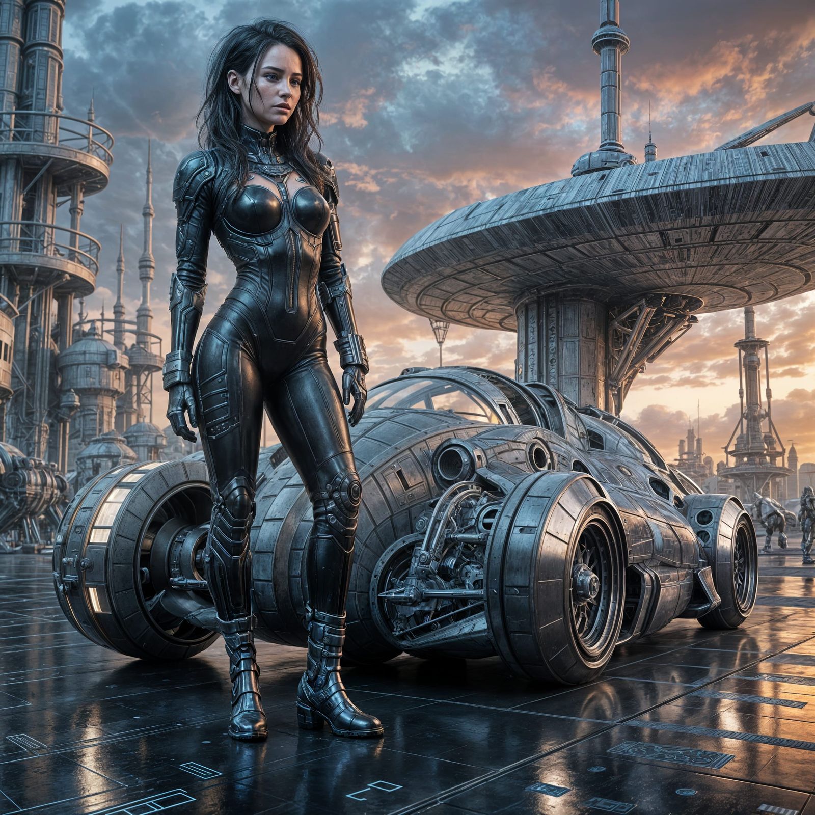 Woman and Spaceship in Futuristic Spaceport