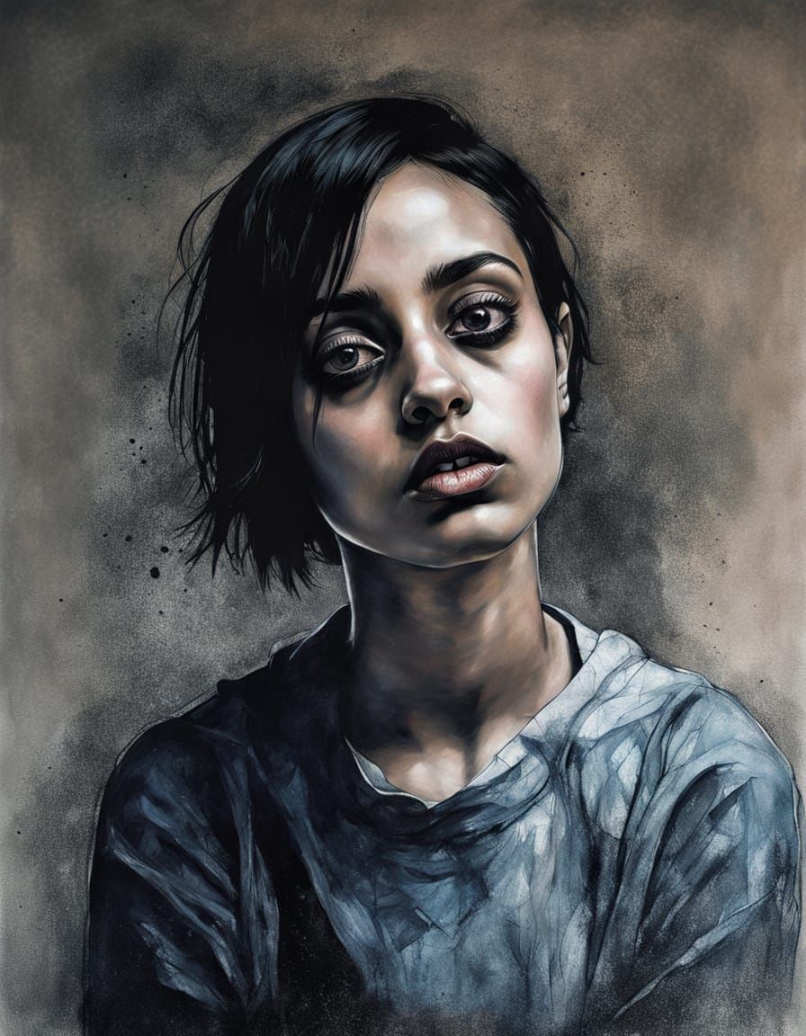 Sad Woman Portrait in Impasto Style with High Contrast