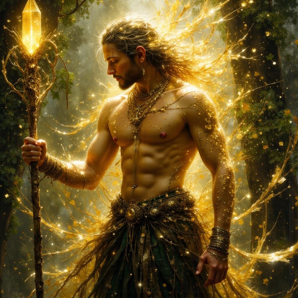 Mystical Forest Spirit in Gold Sunbeams
