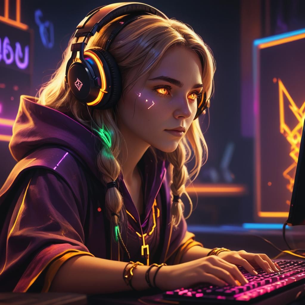 Neon Wizard at Computer: Concept Art in 8K