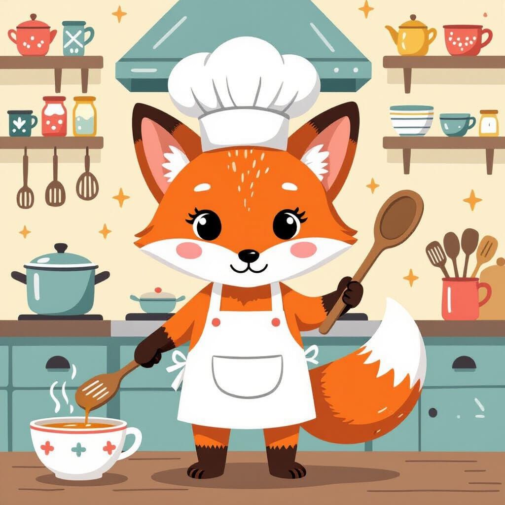 Cute Fox Chef with Spoon in Whimsical Cartoon Style