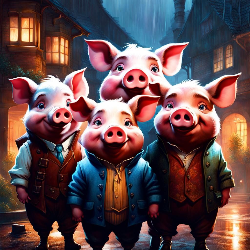 Three Little Pigs Portrait on Rainy Night