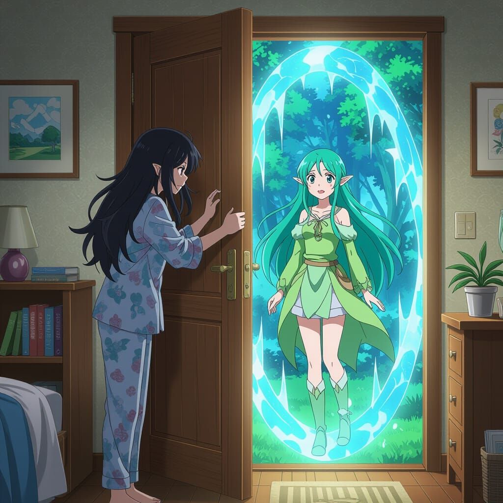 Anime Woman Opens Door to Fantasy Portal