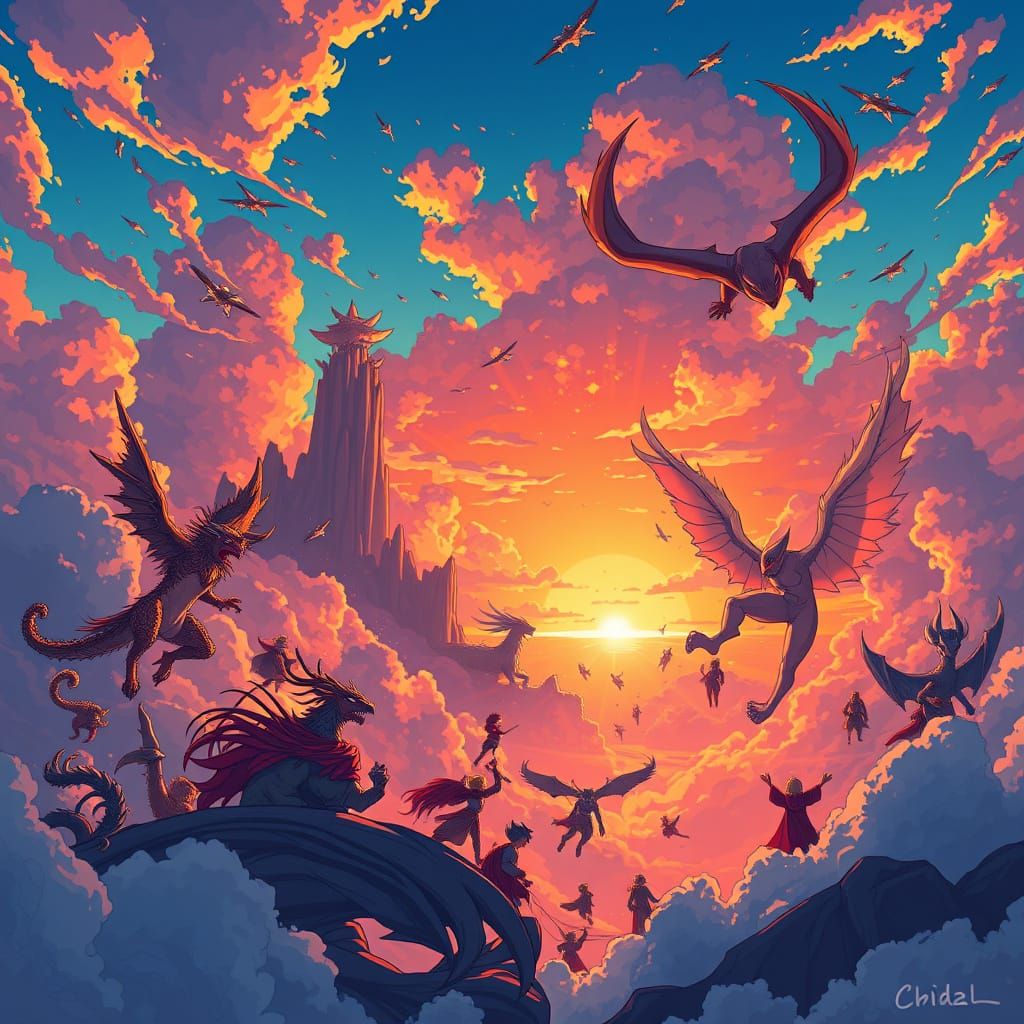 Dreamlike Anime Realm with Fantastical Beings