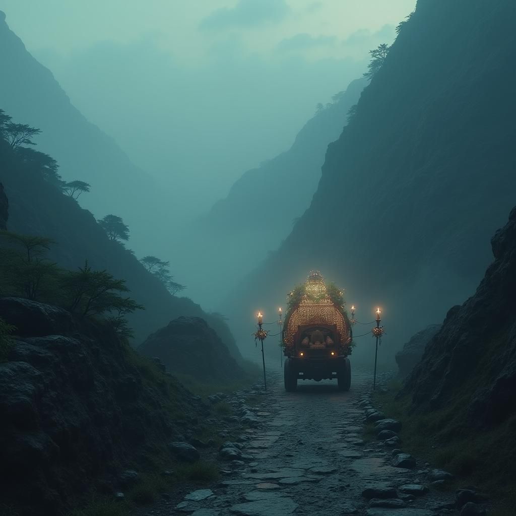 Mystical Funeral Procession in Ethereal Mountainscape