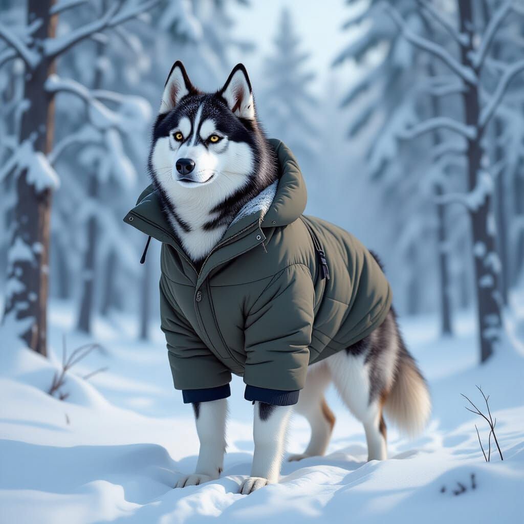 Siberian Husky in Snowy Forest, Digital Painting