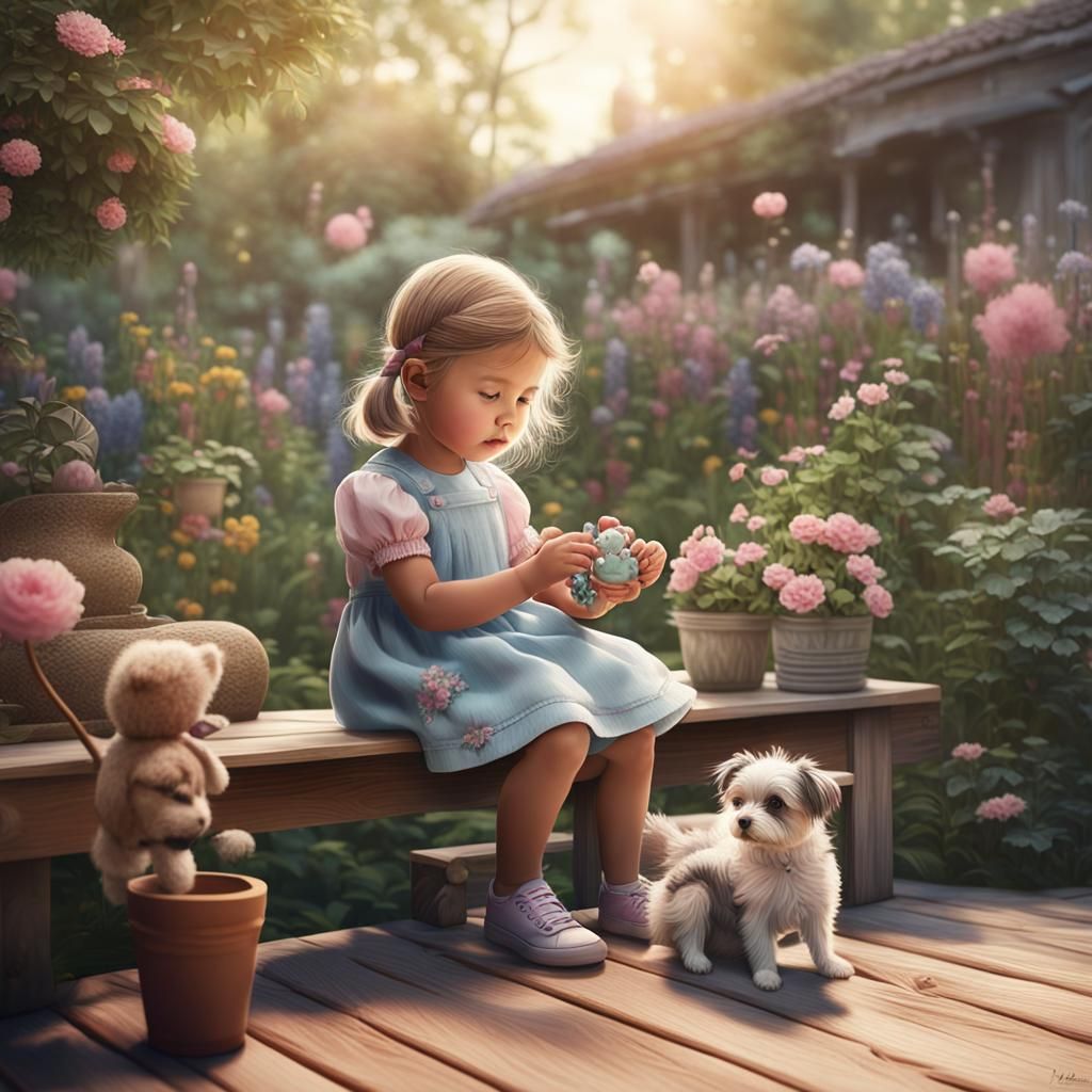 Little Girl Playing with Doll in Pastel Colors