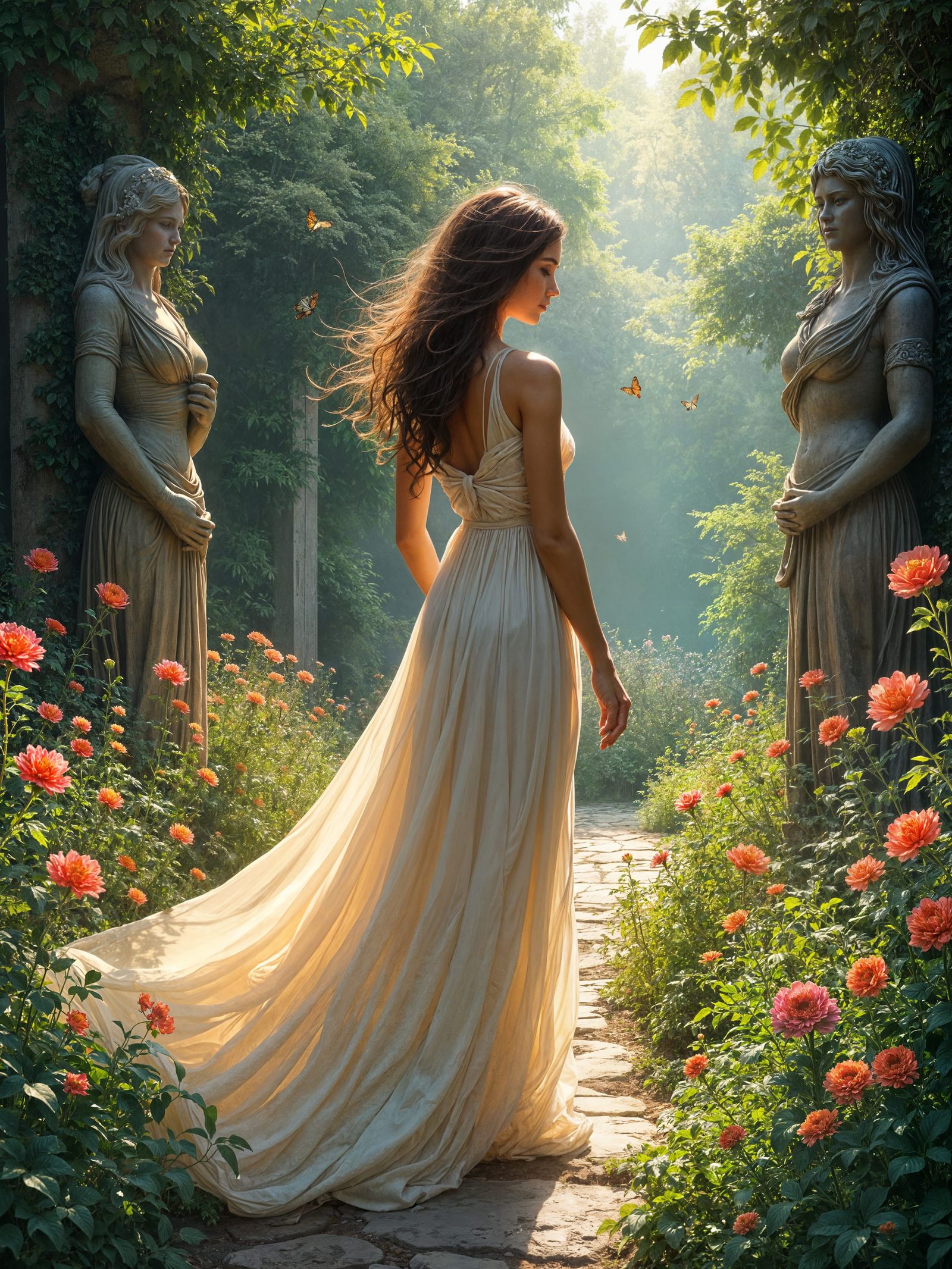 Elegant Woman in Secluded Pre-Raphaelite Garden