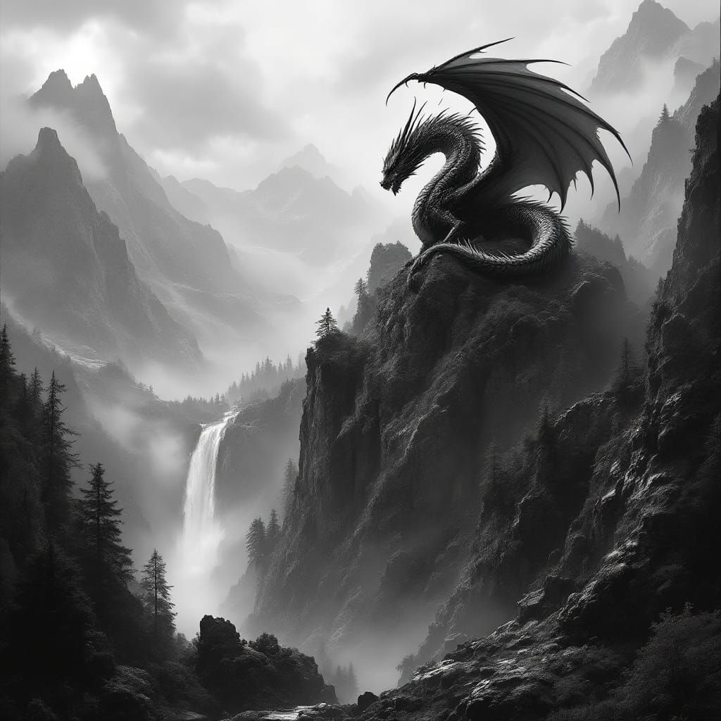 Majestic Dragon Amidst Enchanted Forest in High-Contrast Bla...