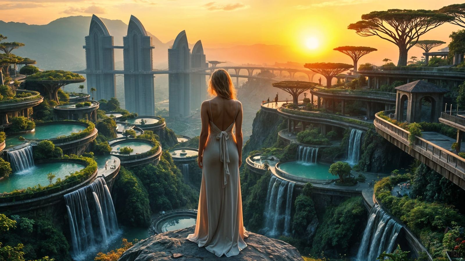 Utopian Solarpunk City at Sunset