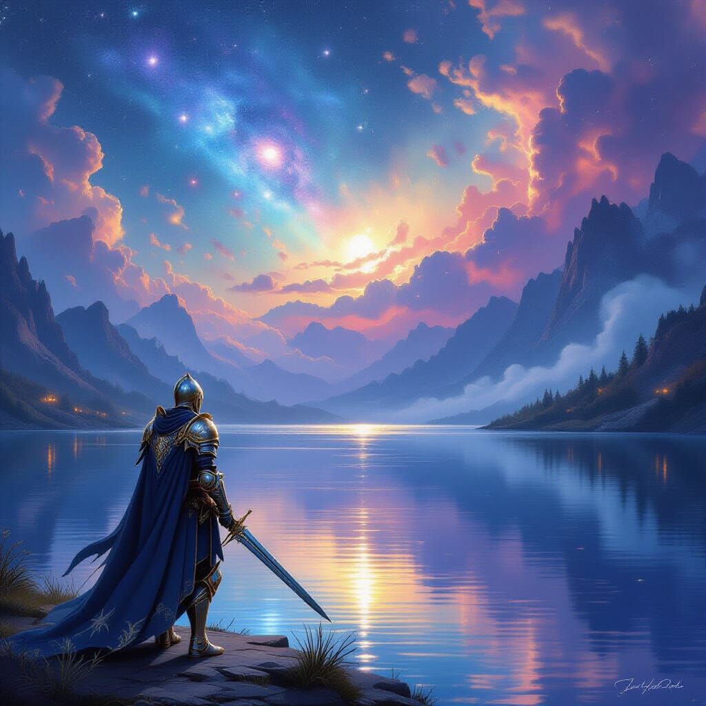 Knight Gazes into Cosmic Lake Reflecting Galaxies