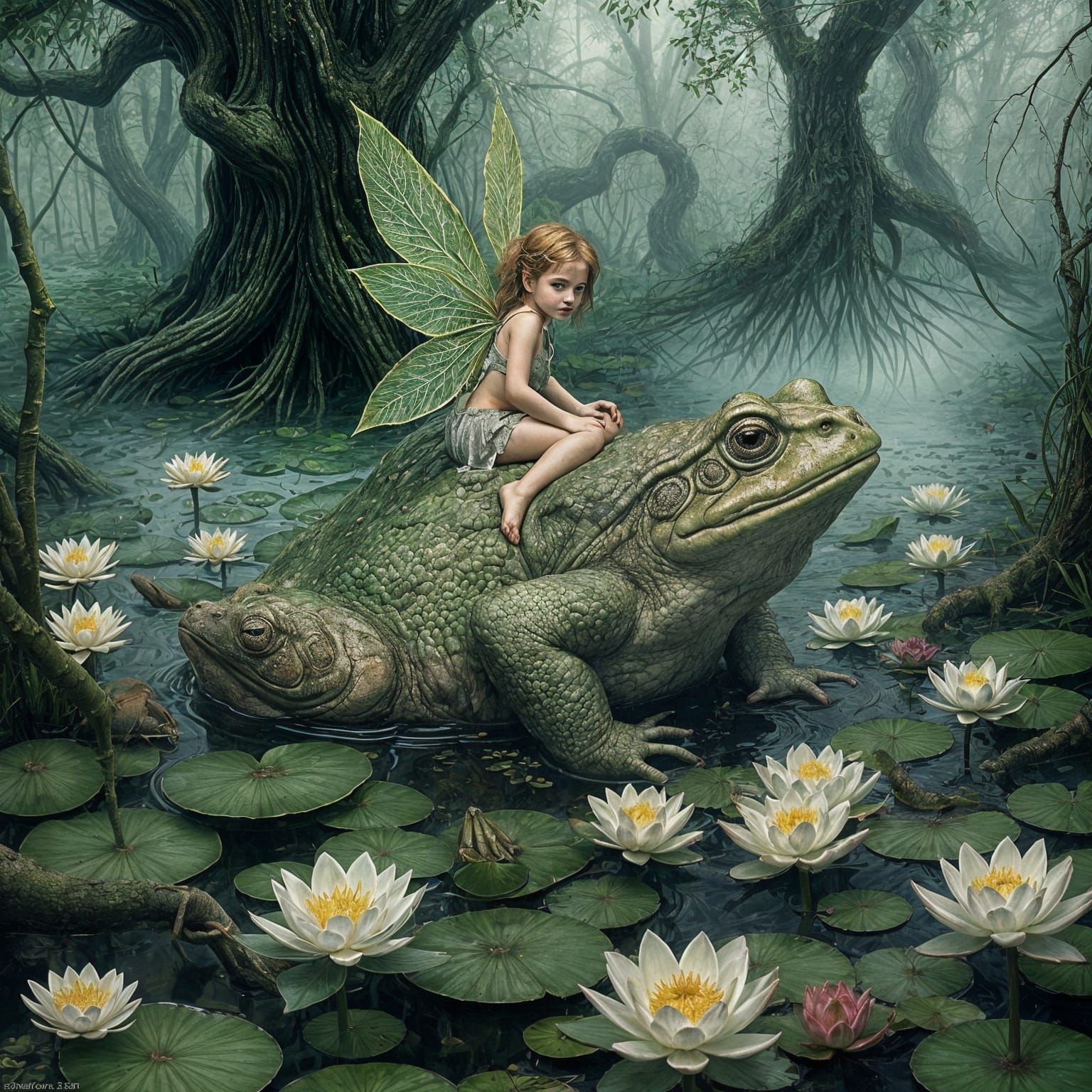 Mysterious Fairy Rides a Gargantuan Toad Amid Water Lilies