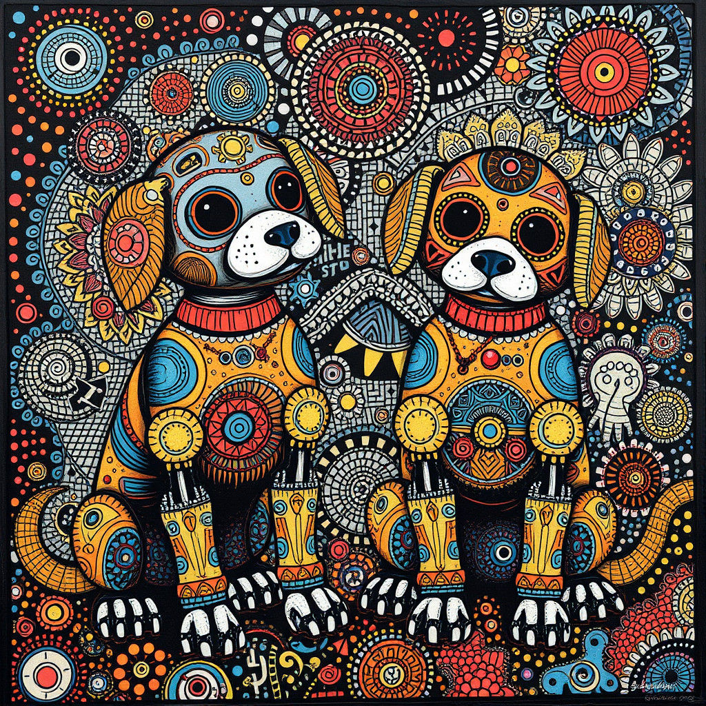 Robot Dogs in Surreal Maximalist Aboriginal Folk-Art