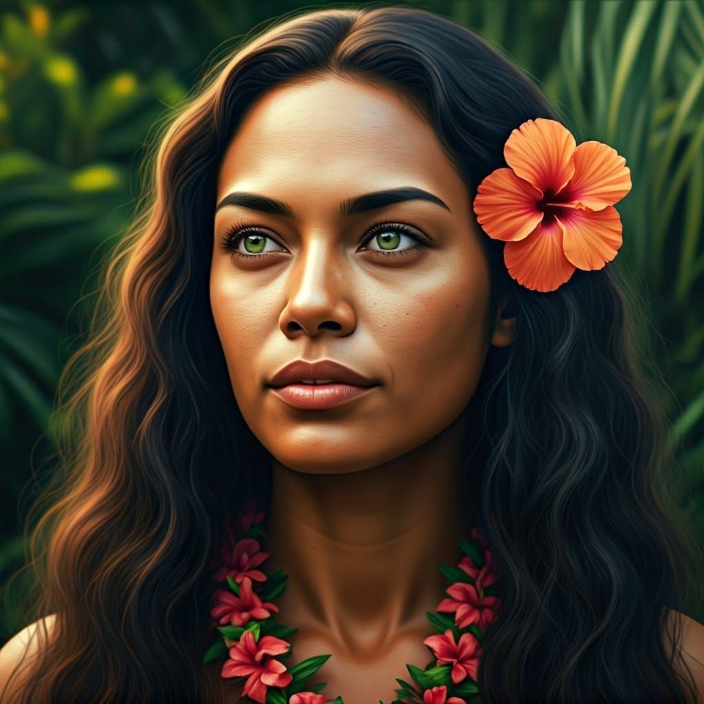 Polynesian Woman with Hibiscus Flowers: Hyperrealistic Oil P...