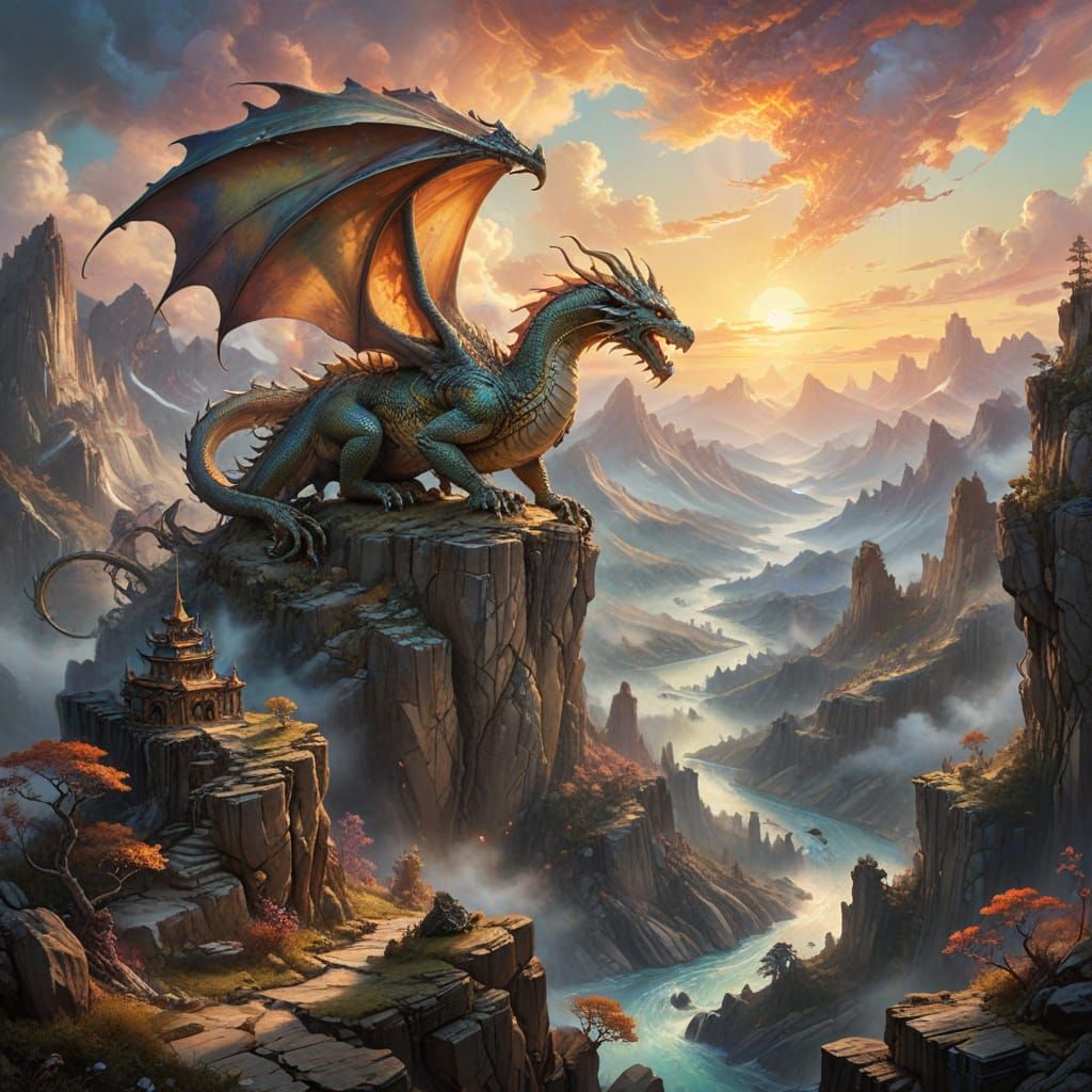 Mythic Dragon Ascends Enchanted Peaks at Sunrise