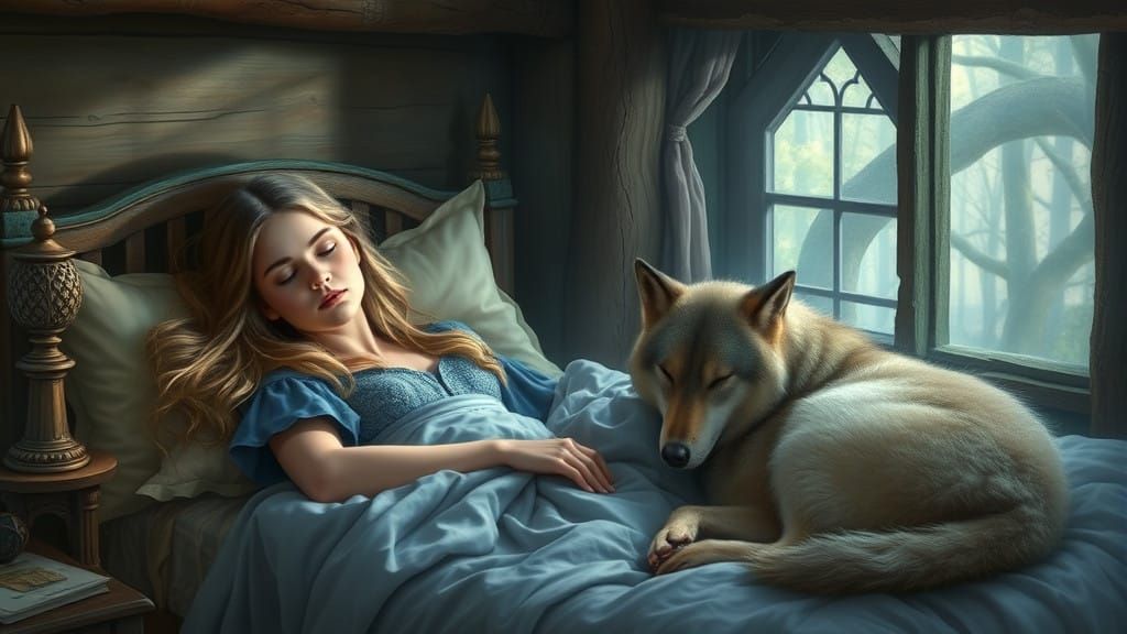 Ethereal Fantasy Woman Sleeping in Cozy Cottage