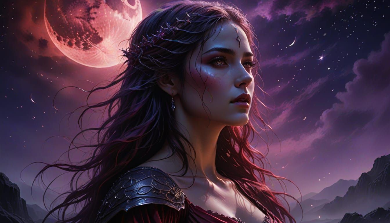 Crimson Moonlight Woman in Hyperrealistic Style