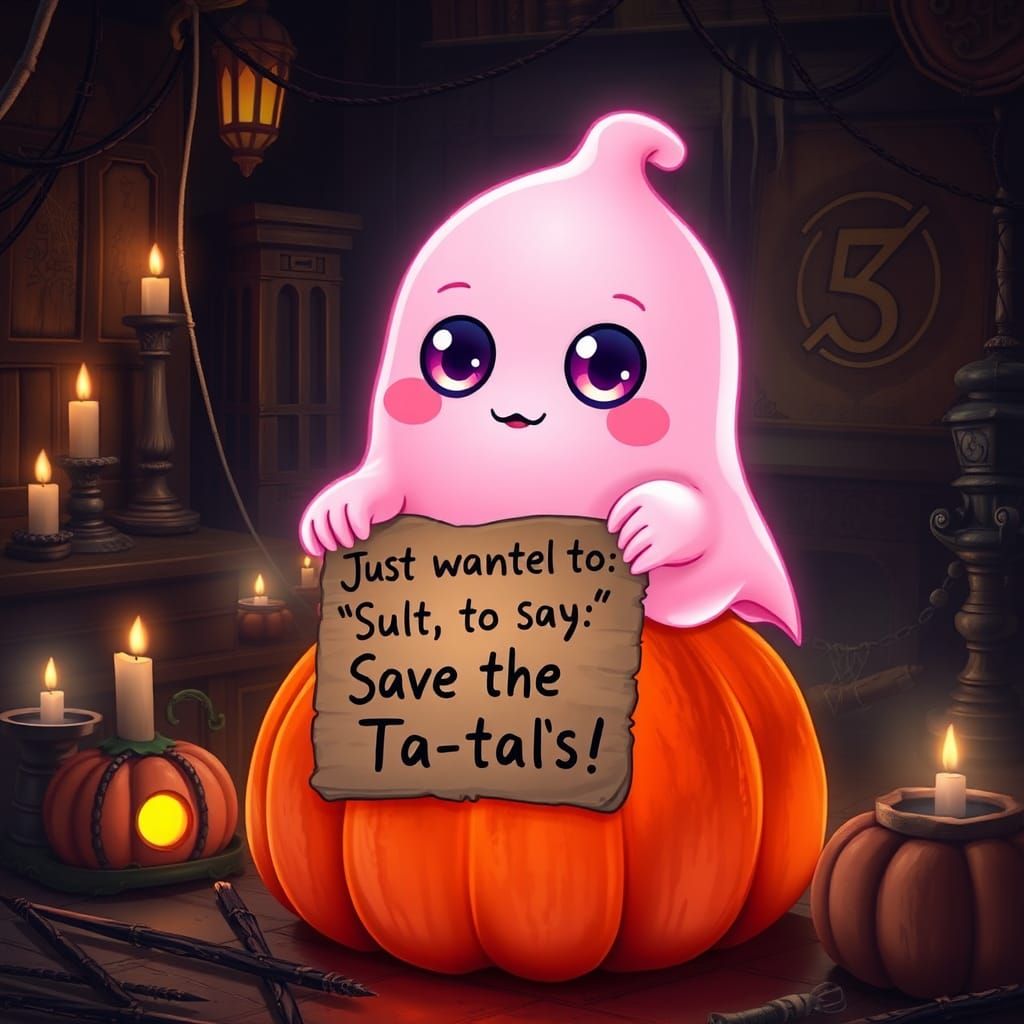 Cute Pink Ghost on Pumpkin in Eerie Setting