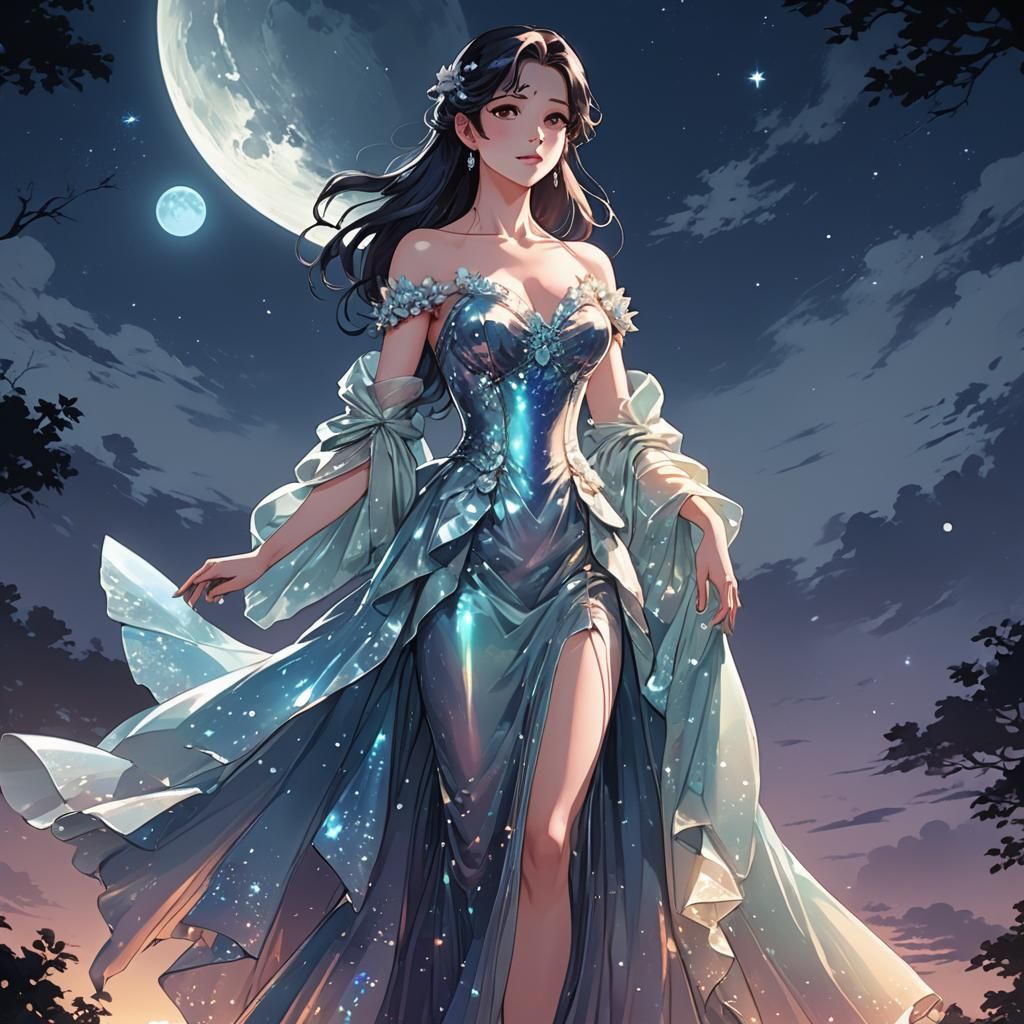 Opalescent Woman in Moonlight: Anime-Style Art