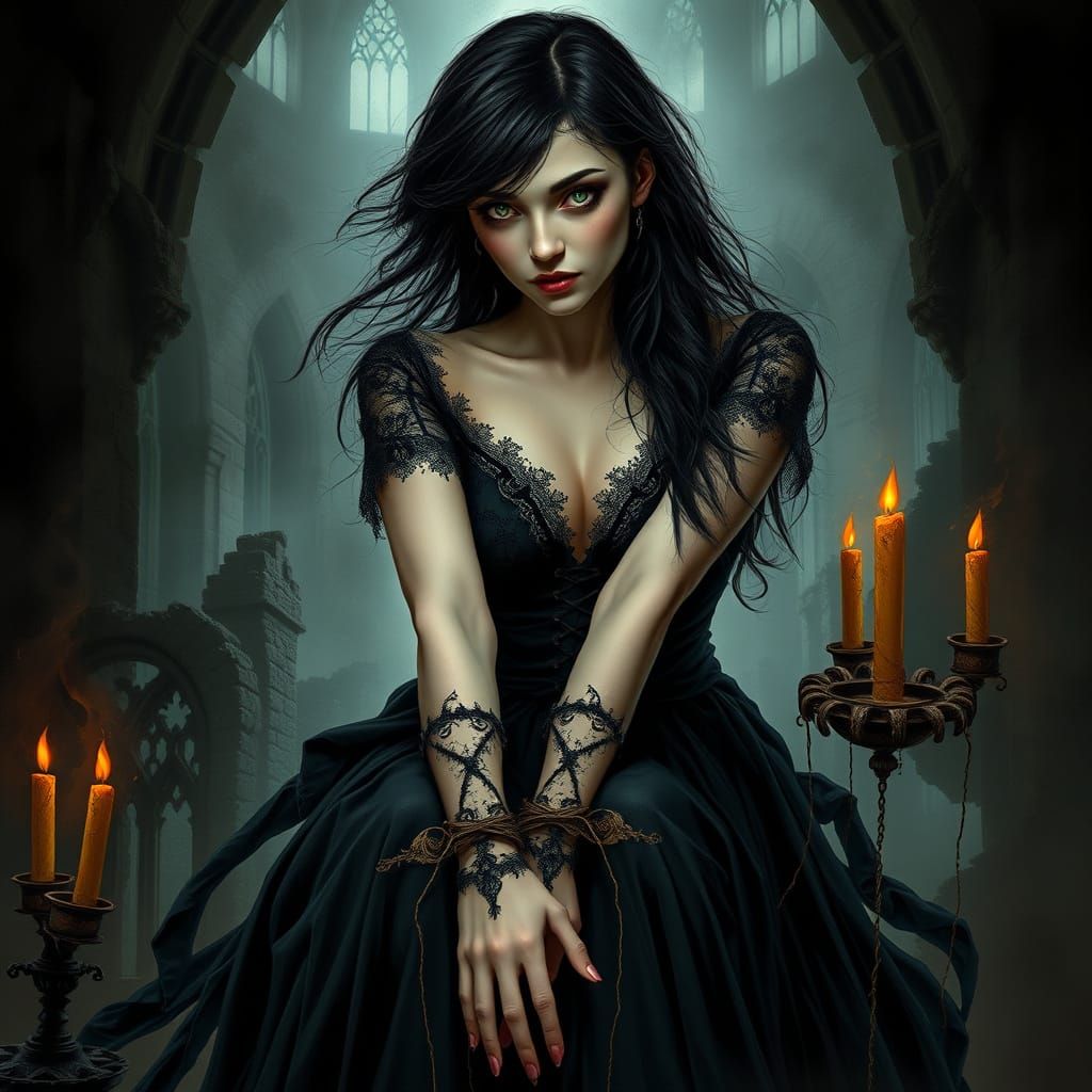 Ethereal Gothic Beauty Bound in Ancient Stocks