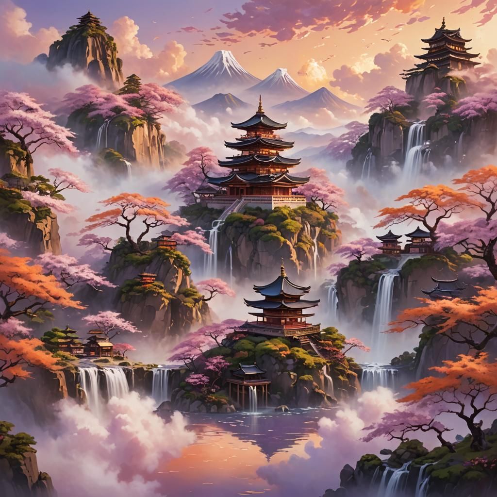 Floating Japanese Island in Ethereal Oil Painting Style