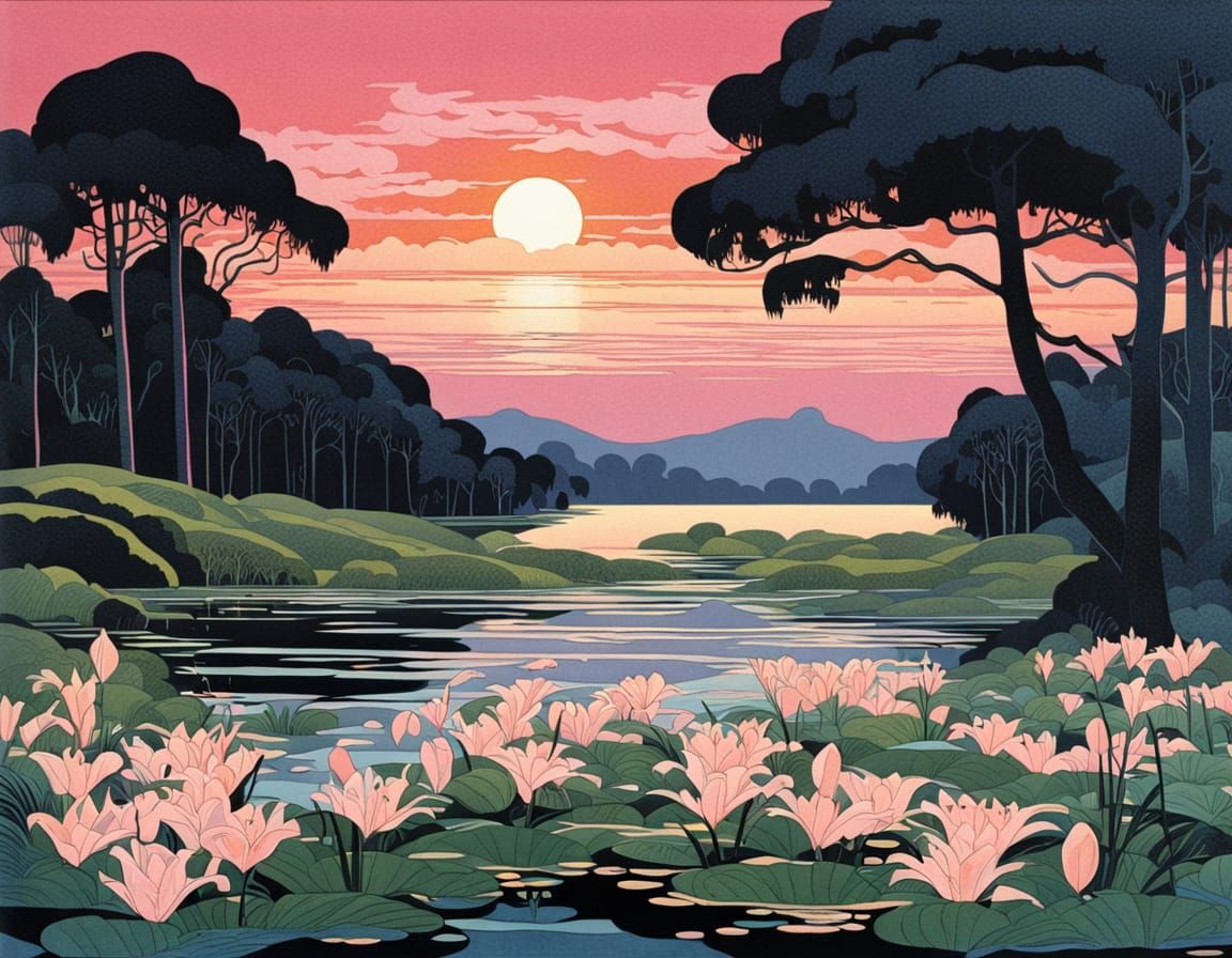 Pink Sunset Over Lily Pond in Art Nouveau Style