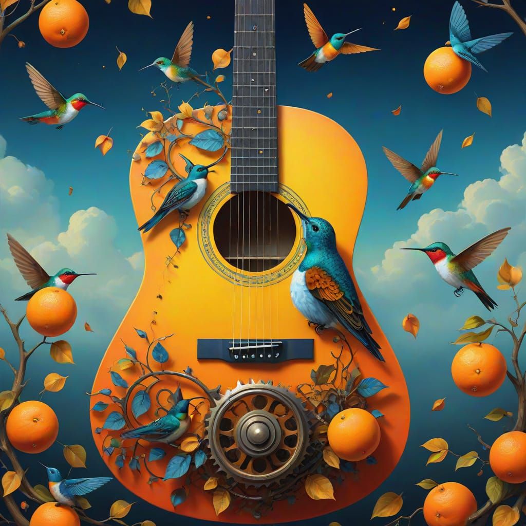 Surreal Guitar Birdcage with Hummingbirds & Autumn Sunset