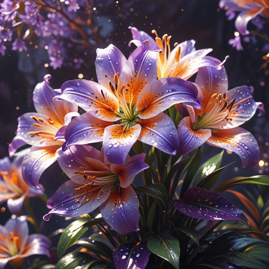 Vibrant Lilly Flowers in Sparkling Cascade, Anime Art Style