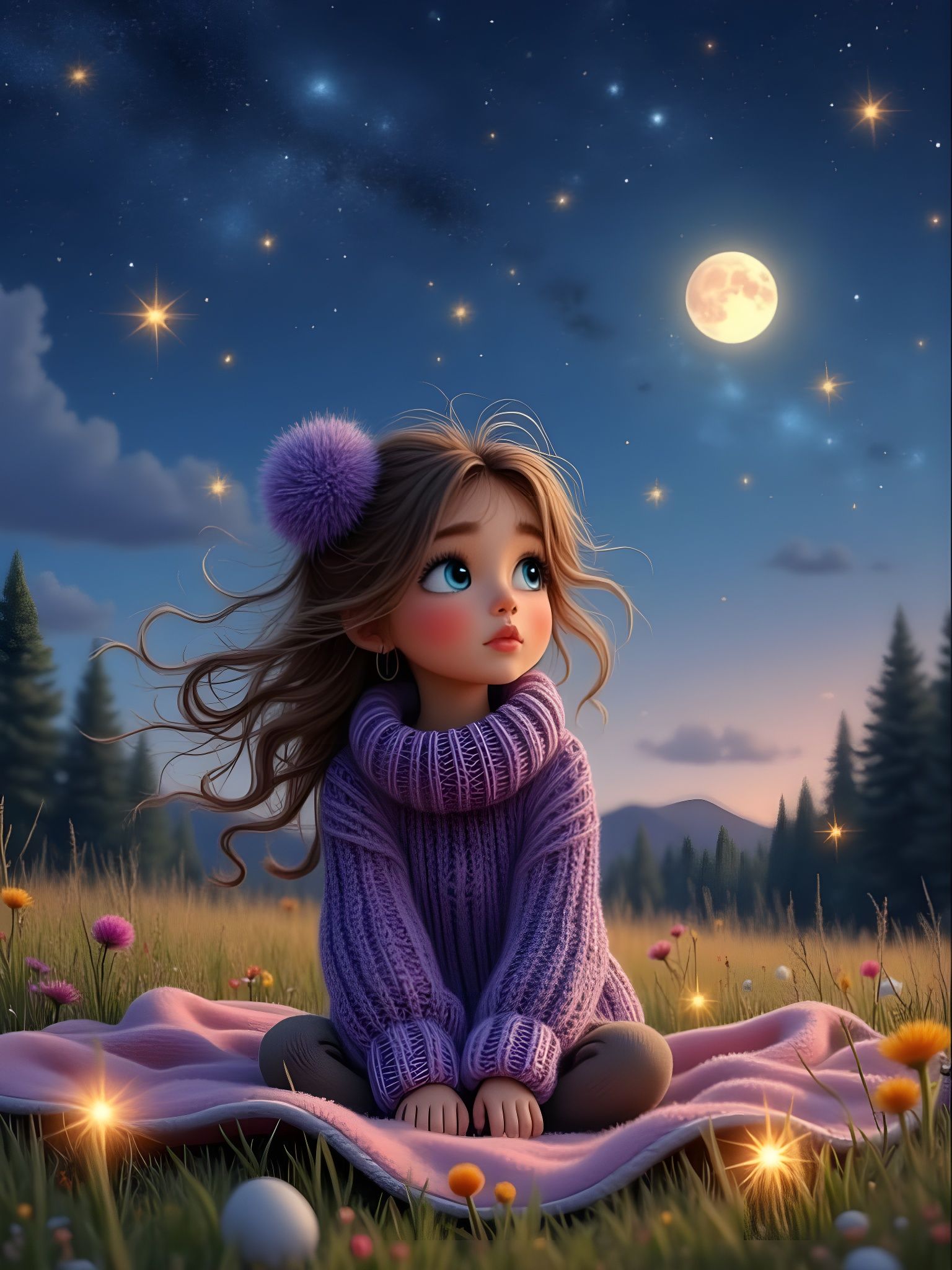 3D Stylized Girl Under Starlit Sky