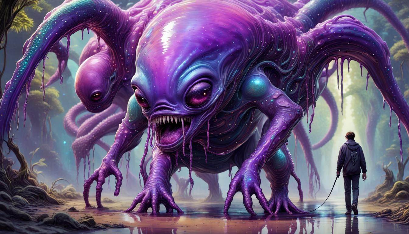 Iridescent Alien Pet on a Walk