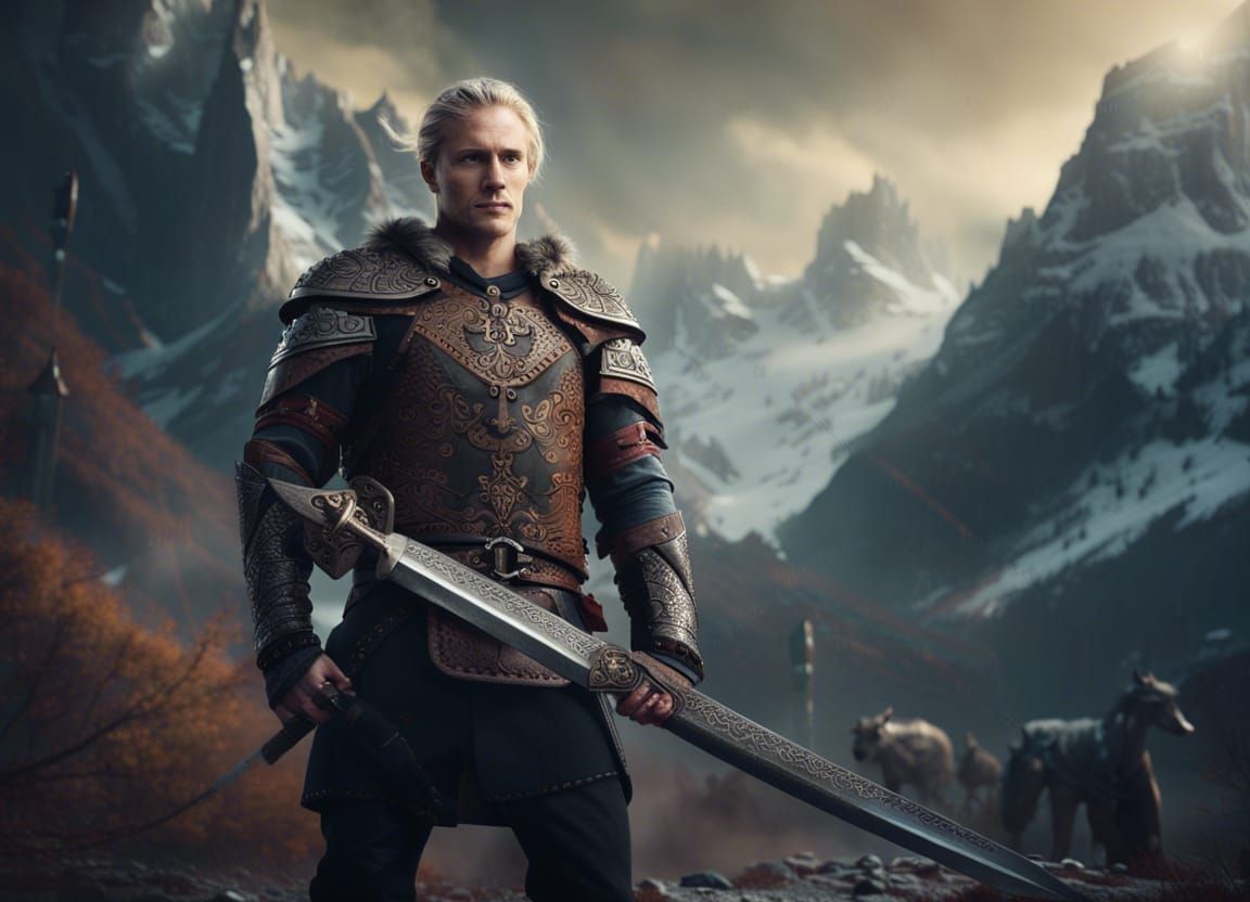 Nordic Warrior with Sword Before Mountain Stronghold