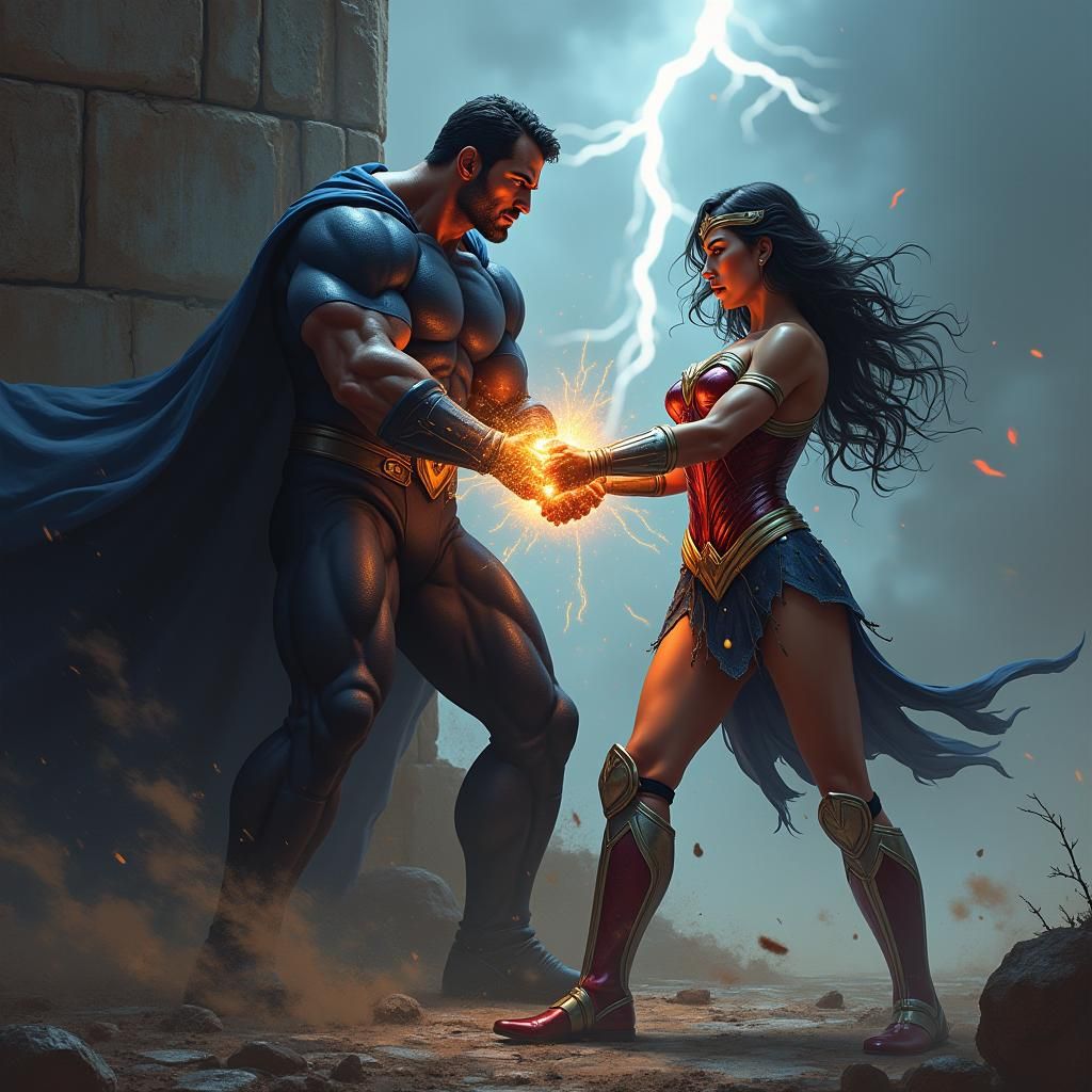 Superhero Binds Amazonian Warrior with Energy Cuffs