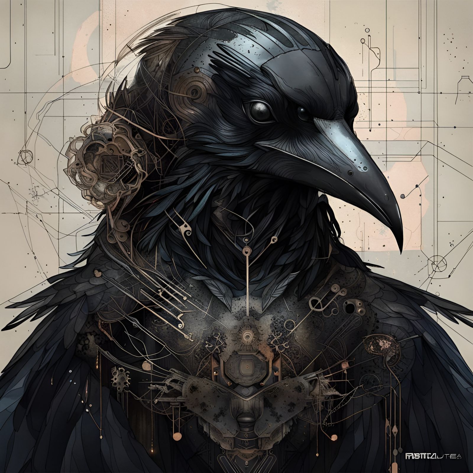 Cyberpunk Robotic Raven Portrait with Filigree Details