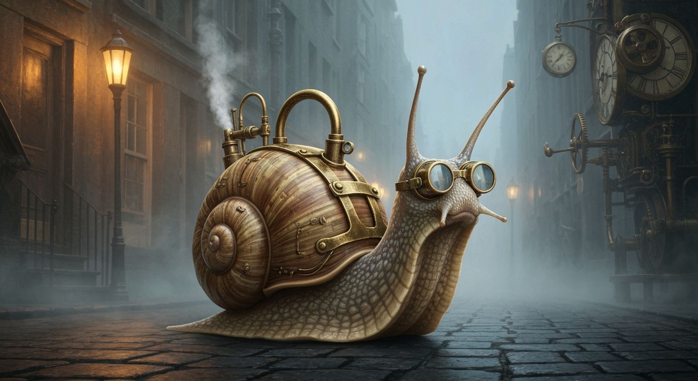 Steampunk Snail Crawling Down Gaslit Street