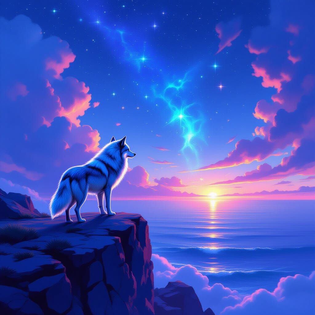 Ethereal Wolf on Cliff Over Starlit Ocean