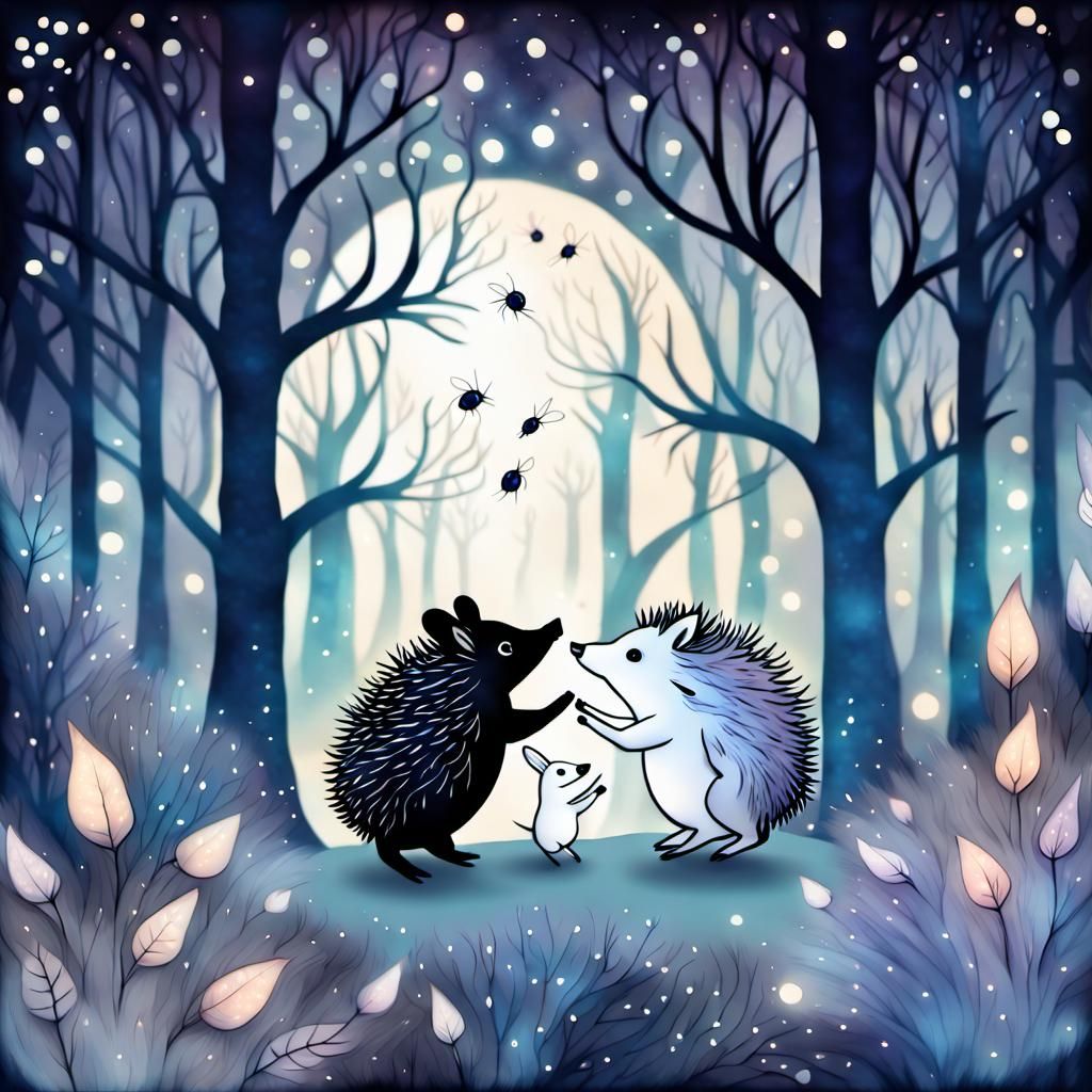 Hedgehogs and Rabbits Dancing in Mystical Forest