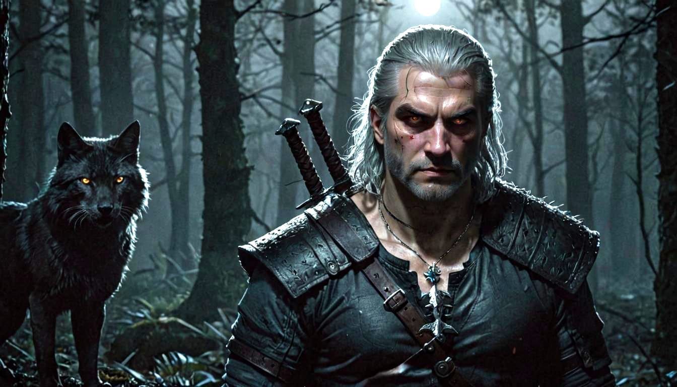 Geralt the Witcher in Dark Fantasy Illustration