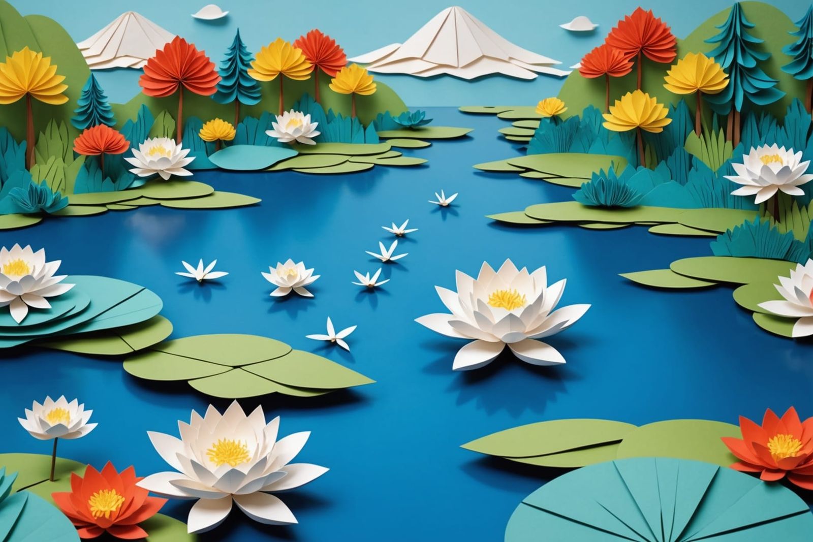Colorful Origami Landscape with Lotus Flowers