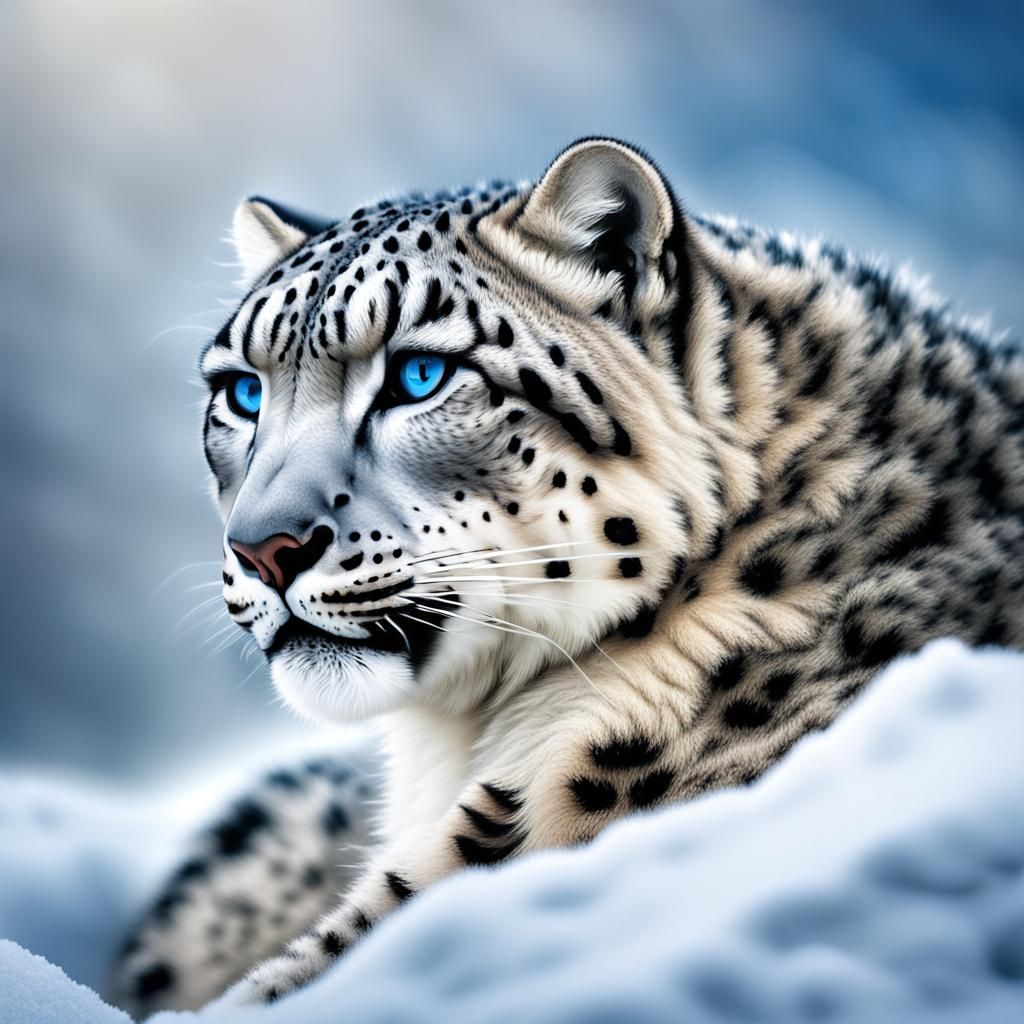 Hyperrealistic Snow Leopard Portrait with Blue Eyes