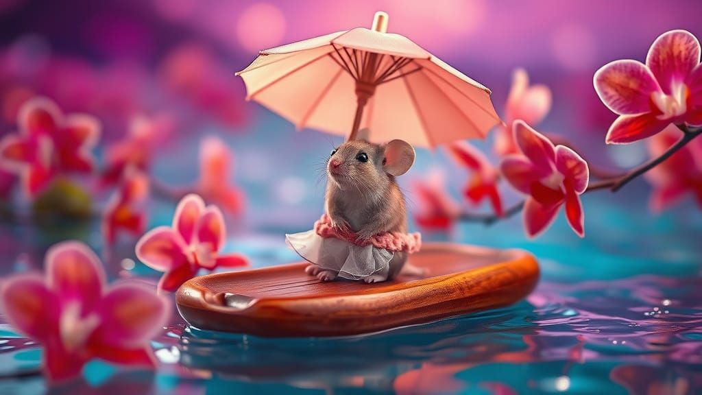 Mouse with Parasol on Floating Raft