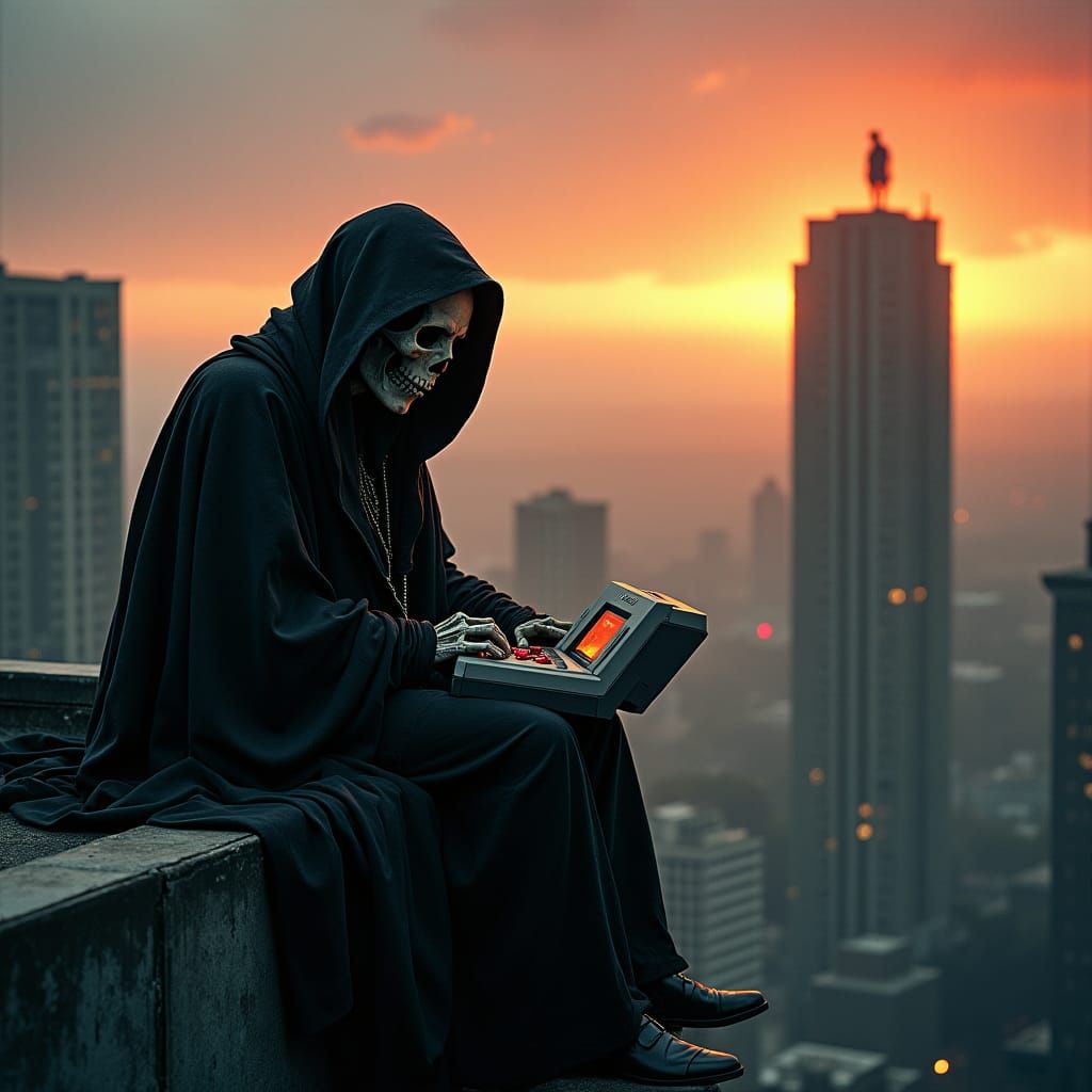 Grim Reaper Plays Super Nintendo on Rooftop