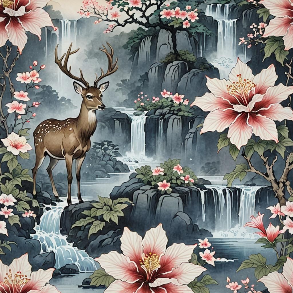 Deer at Waterfall in Japanese Watercolor Style