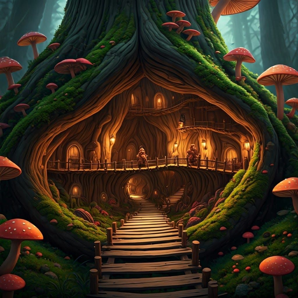 Enchanted Dwarven Village in Ancient Tree