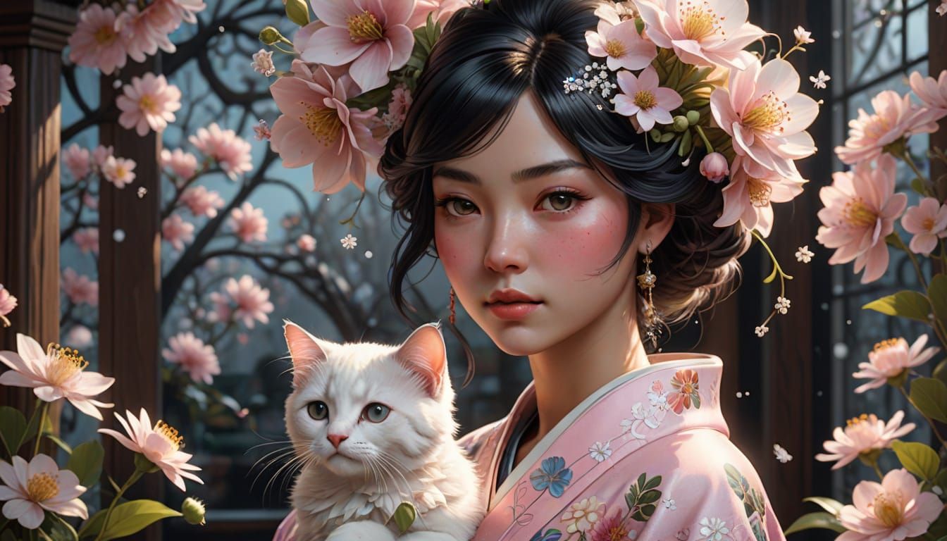 Japanese Girl with Kitten in Hyper-Realistic Portrait