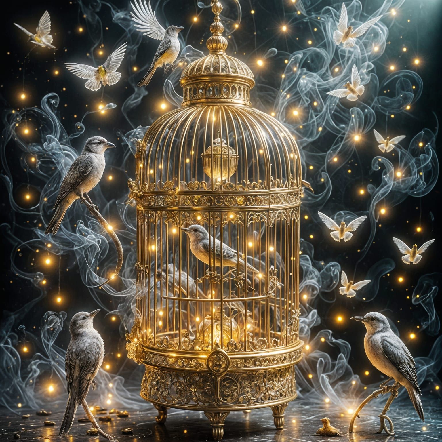 Exotic Birds in a Golden Birdcage Garden Paradise