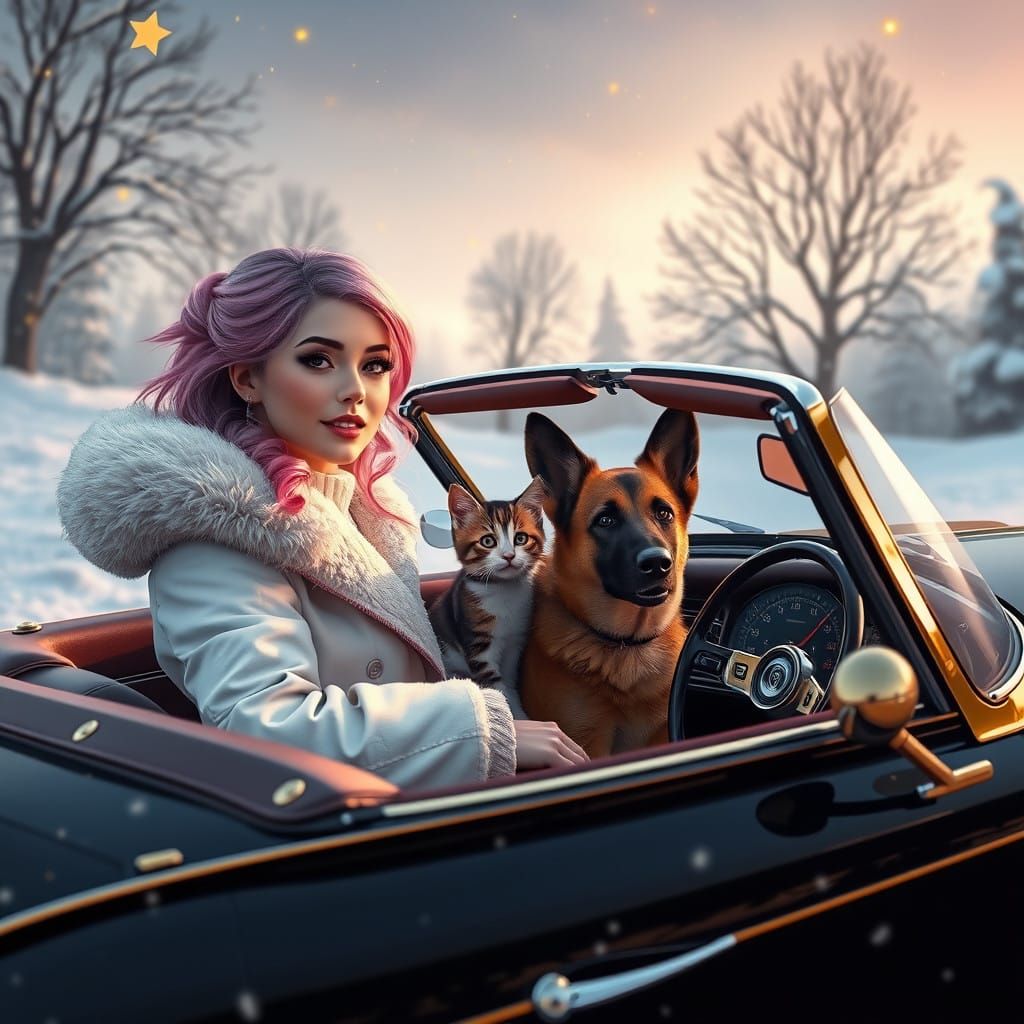 Elegant Whimsy: Pink-Haired Woman Drives Vintage Convertible...